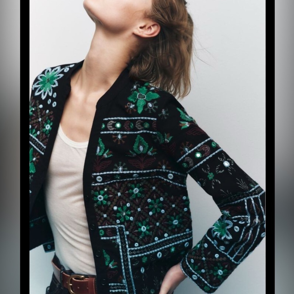 Zara 100% cotton floral embroidered long sleeve blazer/jacket small